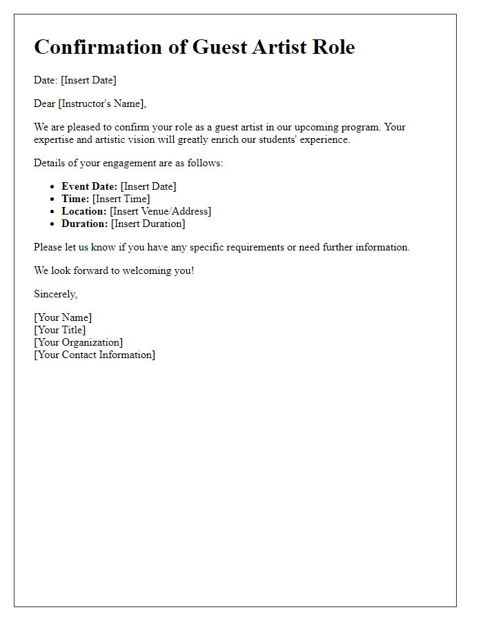 Letter template of confirmation for art instructor's guest artist role.