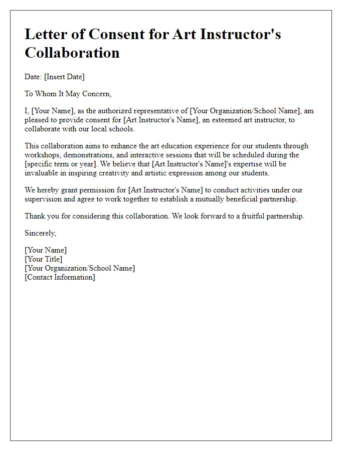 Letter template of consent for art instructor's collaboration with local schools.