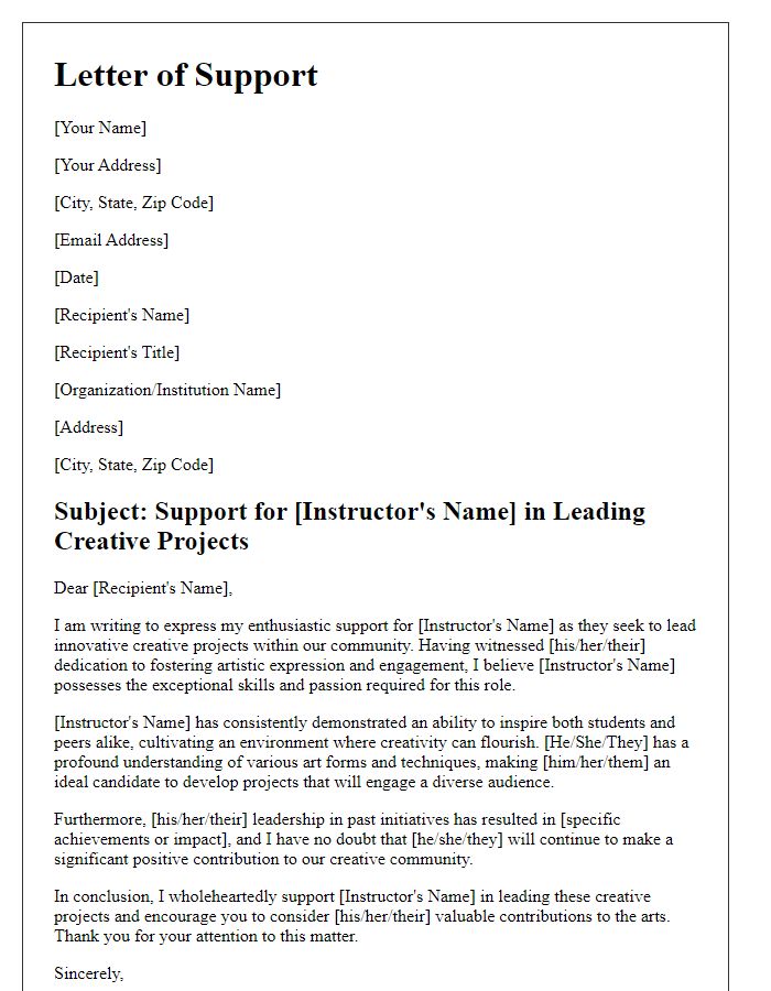 Letter template of support for art instructor to lead creative projects.