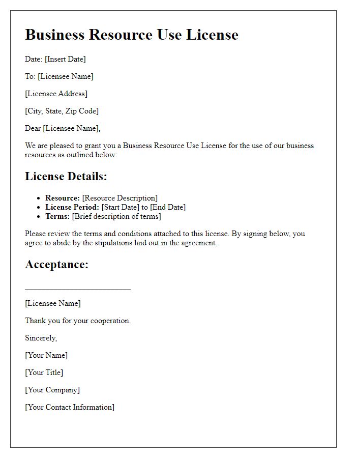 Letter template of business resource use license