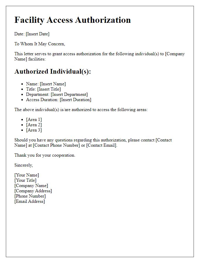 Letter template of company facility access authorization