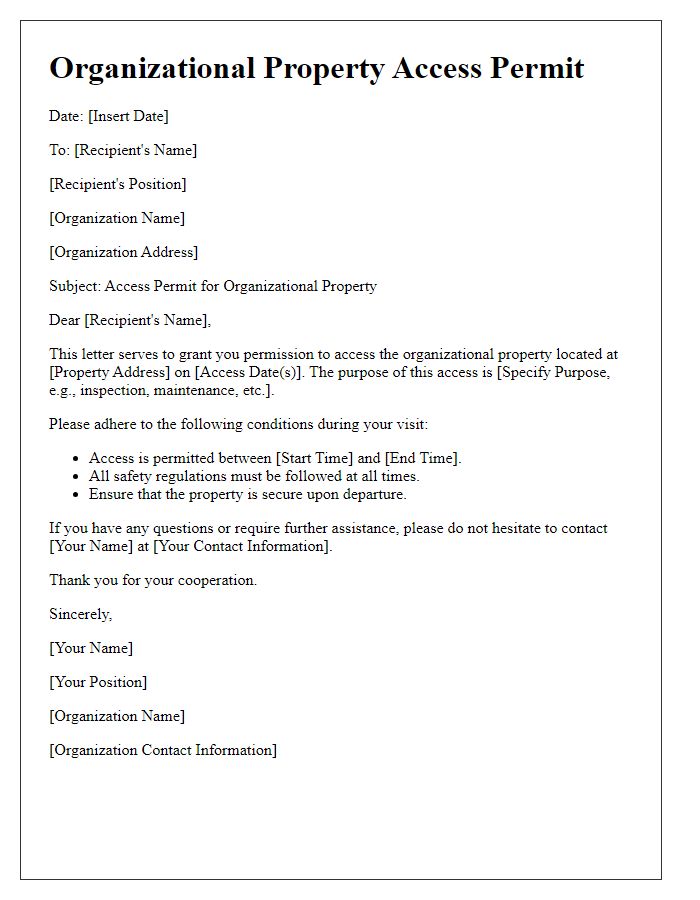 Letter template of organizational property access permit