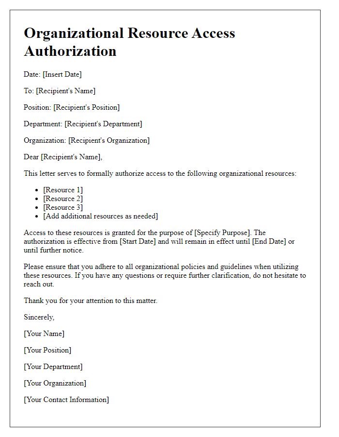 Letter template of organizational resource access authorization