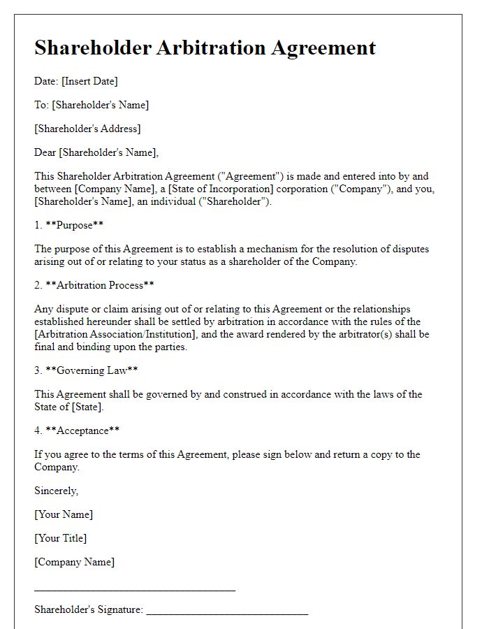 Letter template of Shareholder Arbitration Agreement