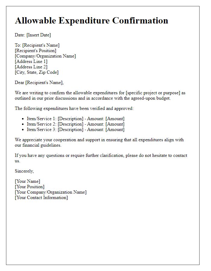 Letter template of allowable expenditure confirmation