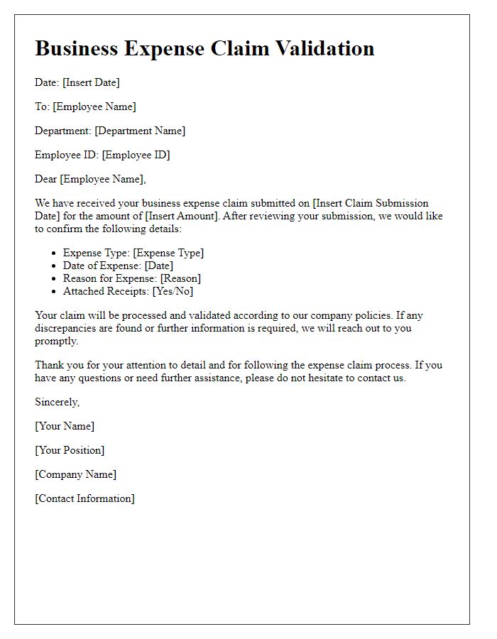 Letter template of business expense claim validation