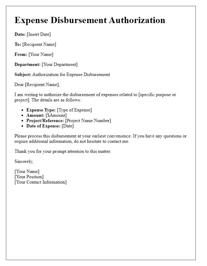 Letter template of expense disbursement authorization