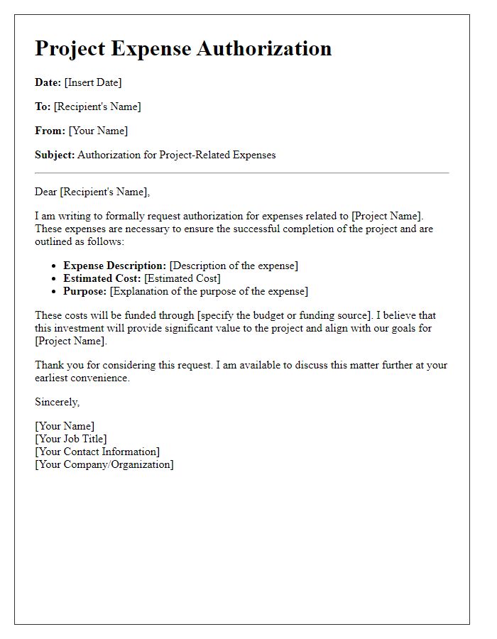 Letter template of project-related expense authorization