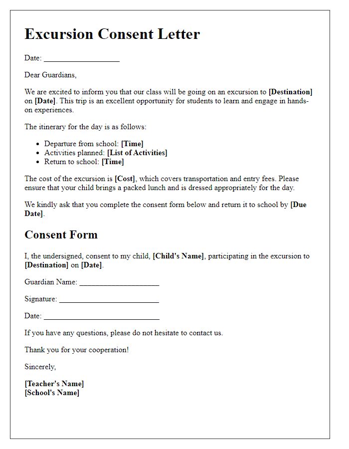 Letter template of excursion consent letter to guardians