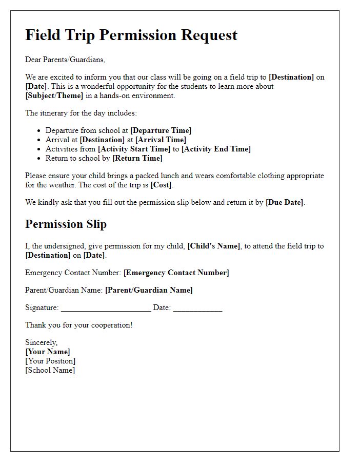 Letter template of field trip permission request for parents