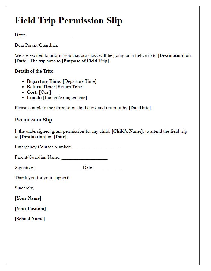 Letter template of field trip permission slip for families