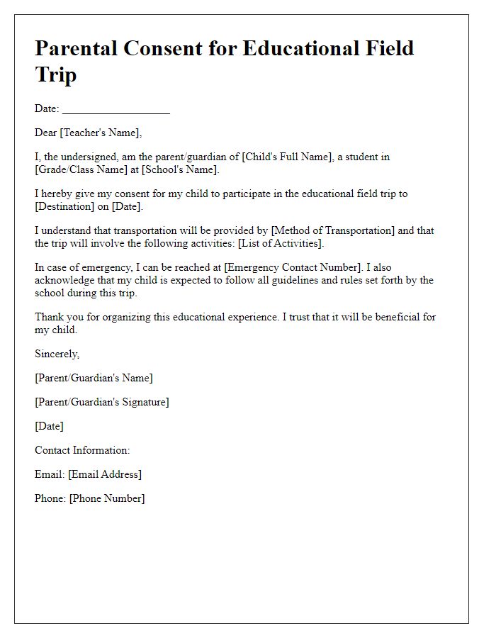 Letter template of parental consent for educational field trip