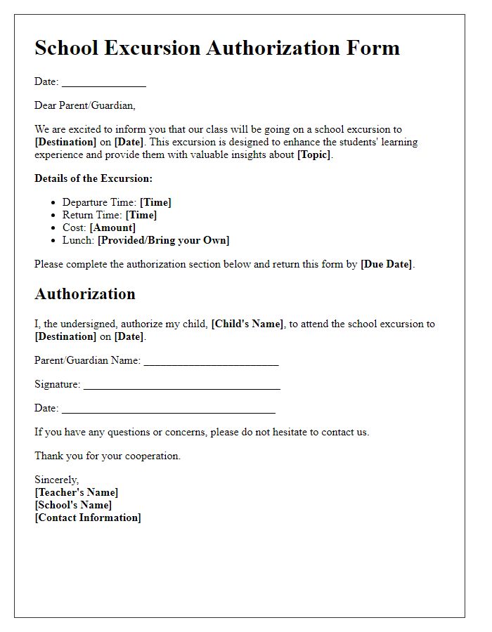 Letter template of school excursion authorization form