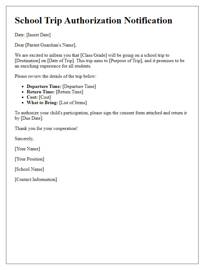 Letter template of school trip authorization notification