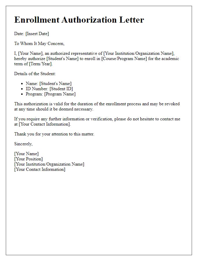 Letter template of academic enrollment authorization