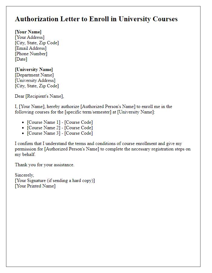 Letter template of authorization to enroll in university courses