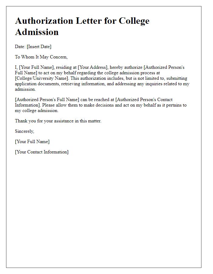 Letter template of authorization letter for college admission