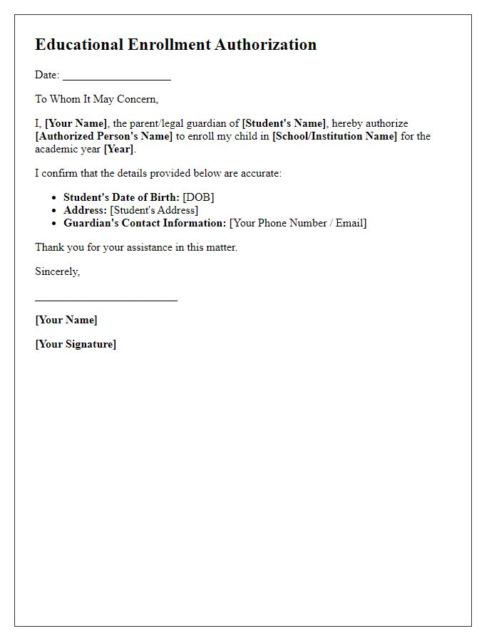 Letter template of educational enrollment authorization