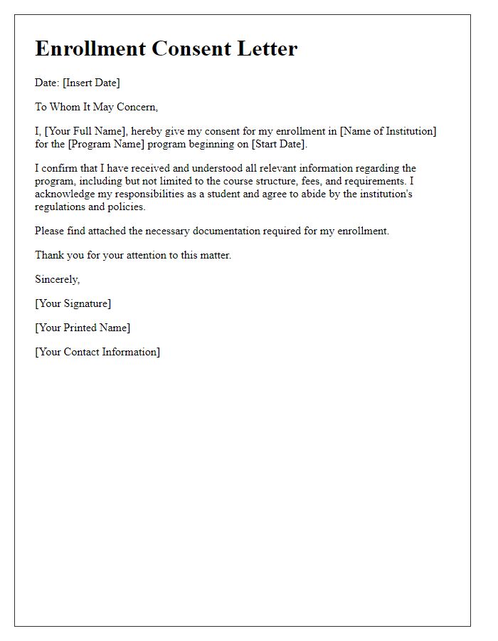 Letter template of enrollment consent for higher education