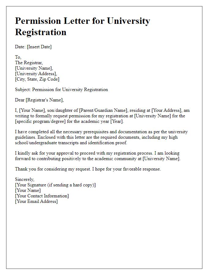 Letter template of permission for university registration