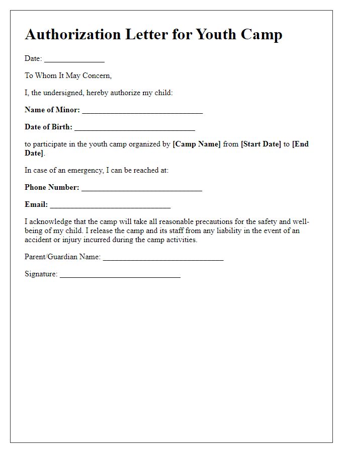 Letter template of authorization for minors at youth camp