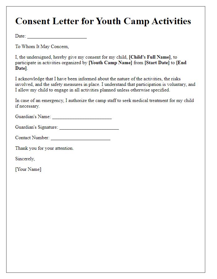 Letter template of consent for activities at youth camp