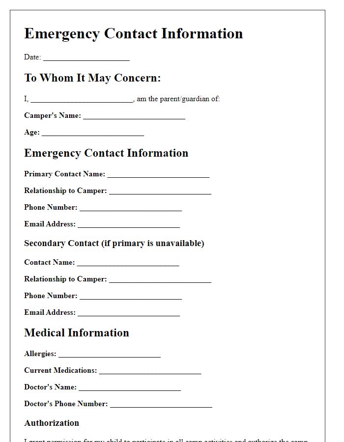 Letter template of emergency contact for youth camp