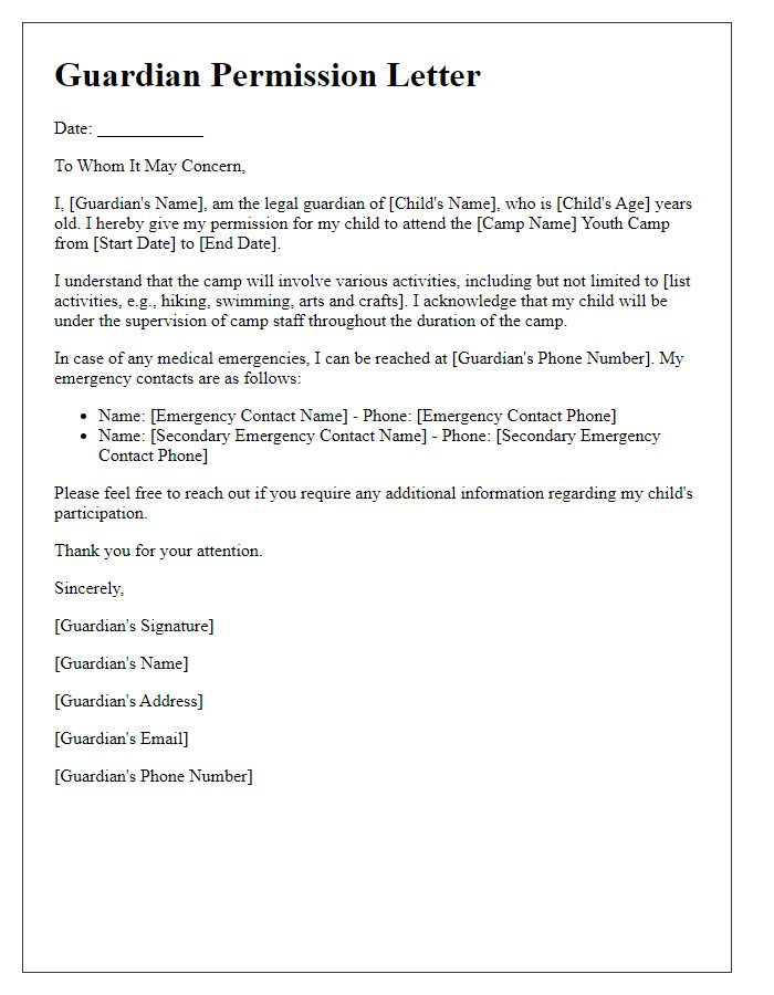 Letter template of guardian permission for youth camp experience