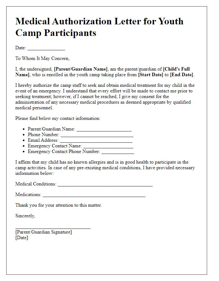 Letter template of medical authorization for youth camp participants