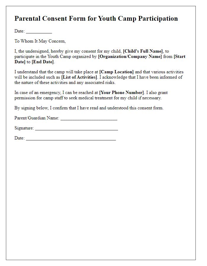 Letter template of parental consent for youth camp participation