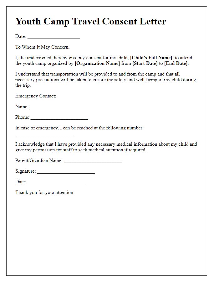 Letter template of youth camp travel consent