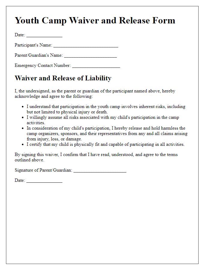 Letter template of youth camp waiver and release