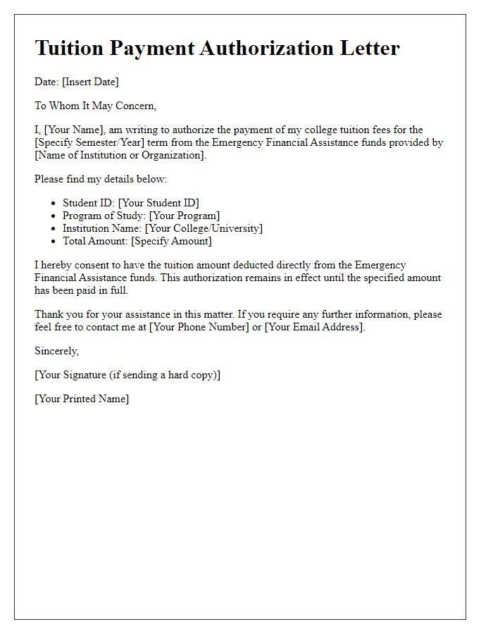 Letter template of college tuition payment authorization for emergency financial assistance.