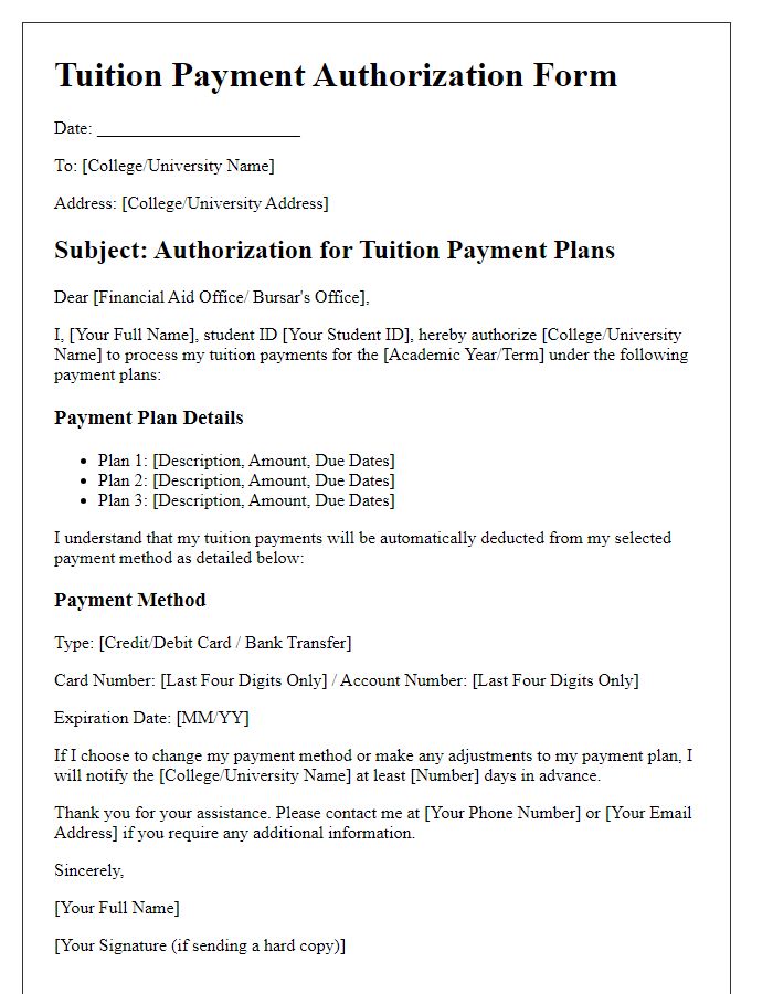 Letter template of college tuition payment authorization for multiple payment plans.