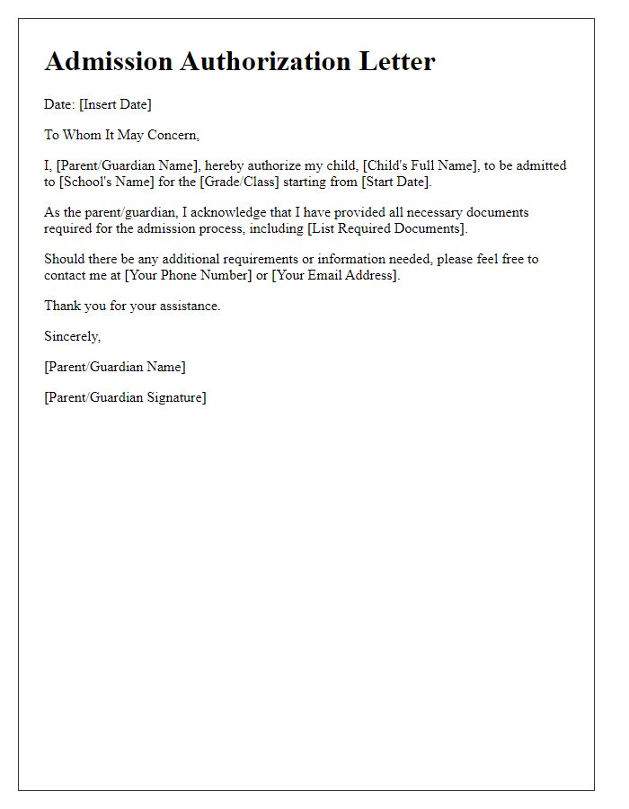 Letter template of admission authorization for new school