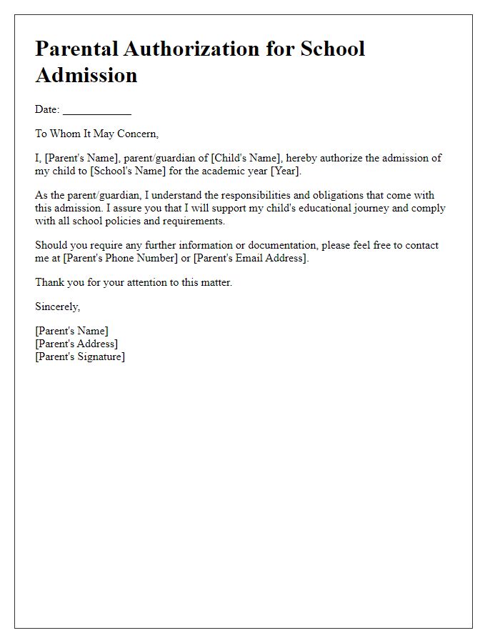 Letter template of parental authorization for school admission