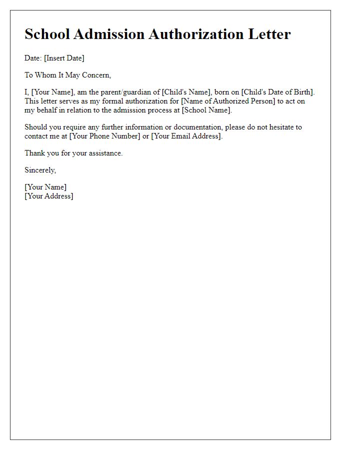 Letter template of school admission authorization