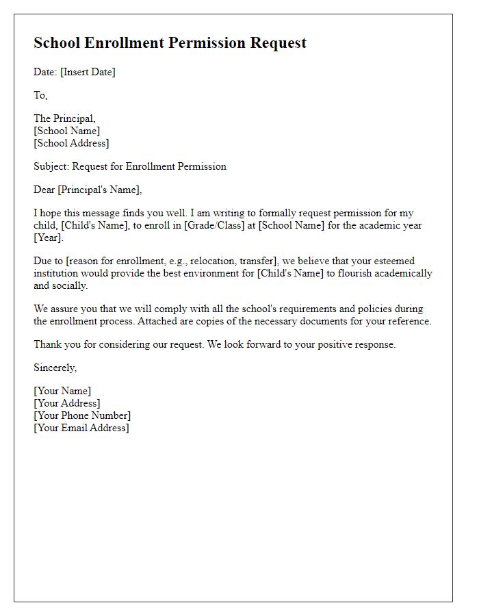 Letter template of school enrollment permission request