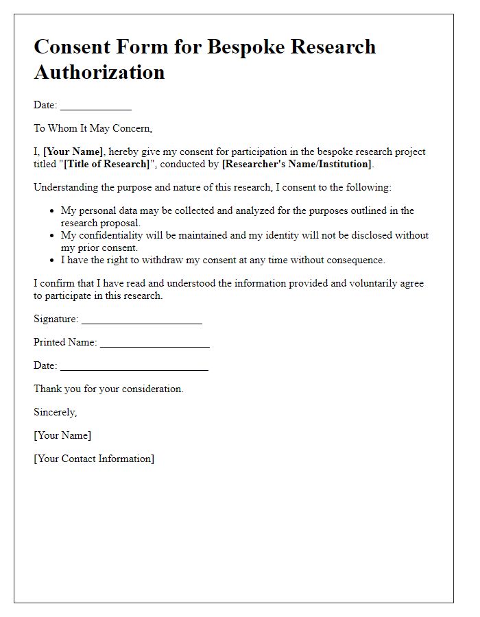 Letter template of consent form for bespoke research authorization