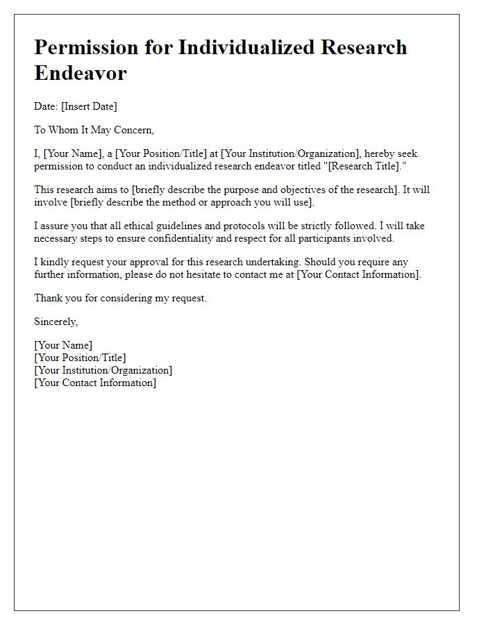 Letter template of permission for individualized research endeavor