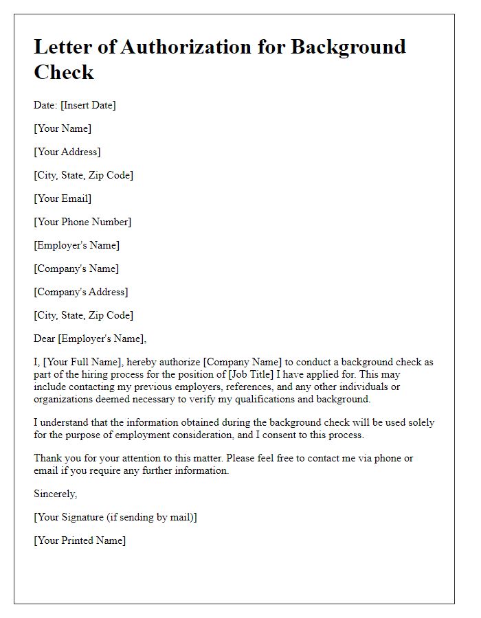 Letter template of Job Application Reference Authorization for Background Check