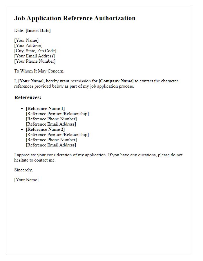 Letter template of Job Application Reference Authorization for Character Reference