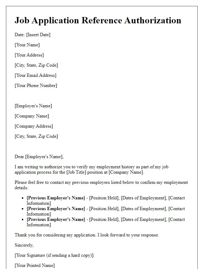 Letter template of Job Application Reference Authorization for Employment Verification