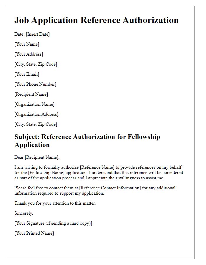 Letter template of Job Application Reference Authorization for Fellowship Application