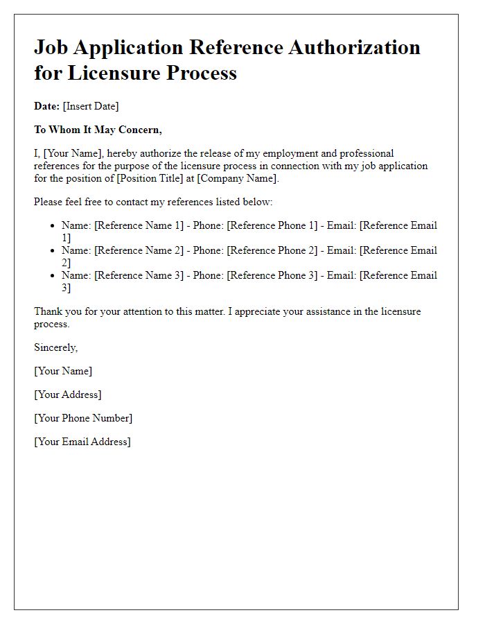 Letter template of Job Application Reference Authorization for Licensure Process