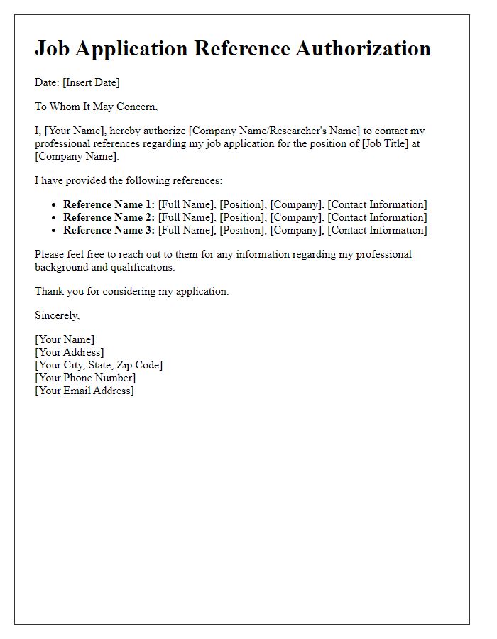 Letter template of Job Application Reference Authorization for Professional Reference