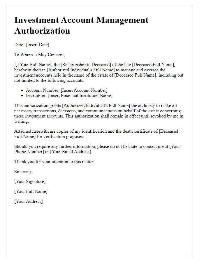 Letter template of investment account management authorization for estate accounts