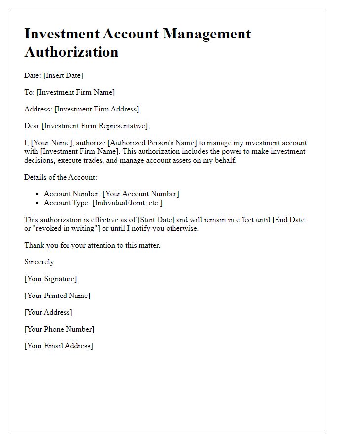 Letter template of investment account management authorization for individual investors