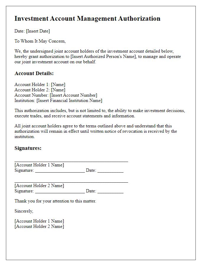 Letter template of investment account management authorization for joint account holders