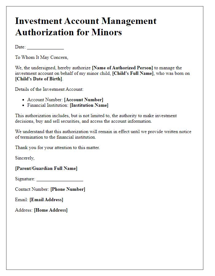 Letter template of investment account management authorization for minors